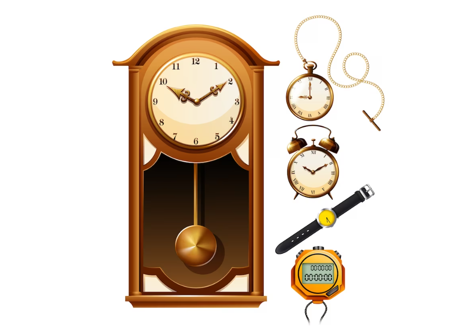 grandfather clock, a pocket watch with a golden chain, a classic alarm clock, a wristwatch with a leather strap, and a digital stopwatch